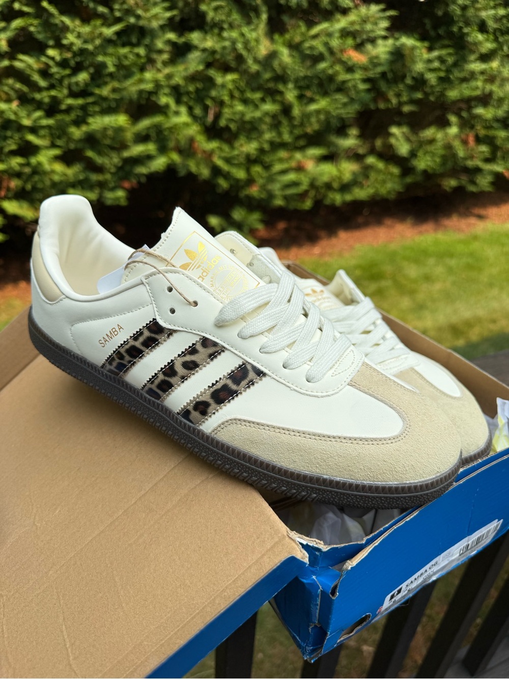 UNISEX adidas Cream and Brown Samba Sneakers with Leopard-Print Stripes - Picture 3 of 8